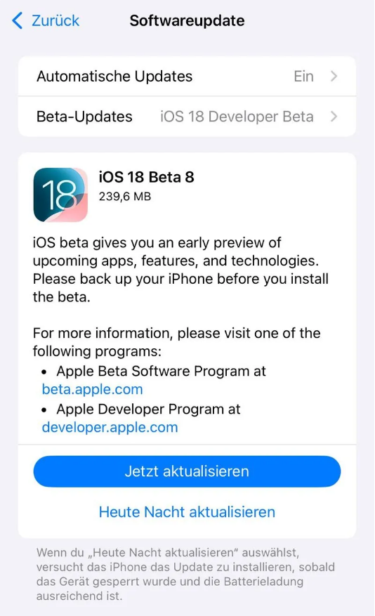 吉县苹果手机维修分享苹果 iOS / iPadOS 18 开发者预览版 Beta 8 发布 